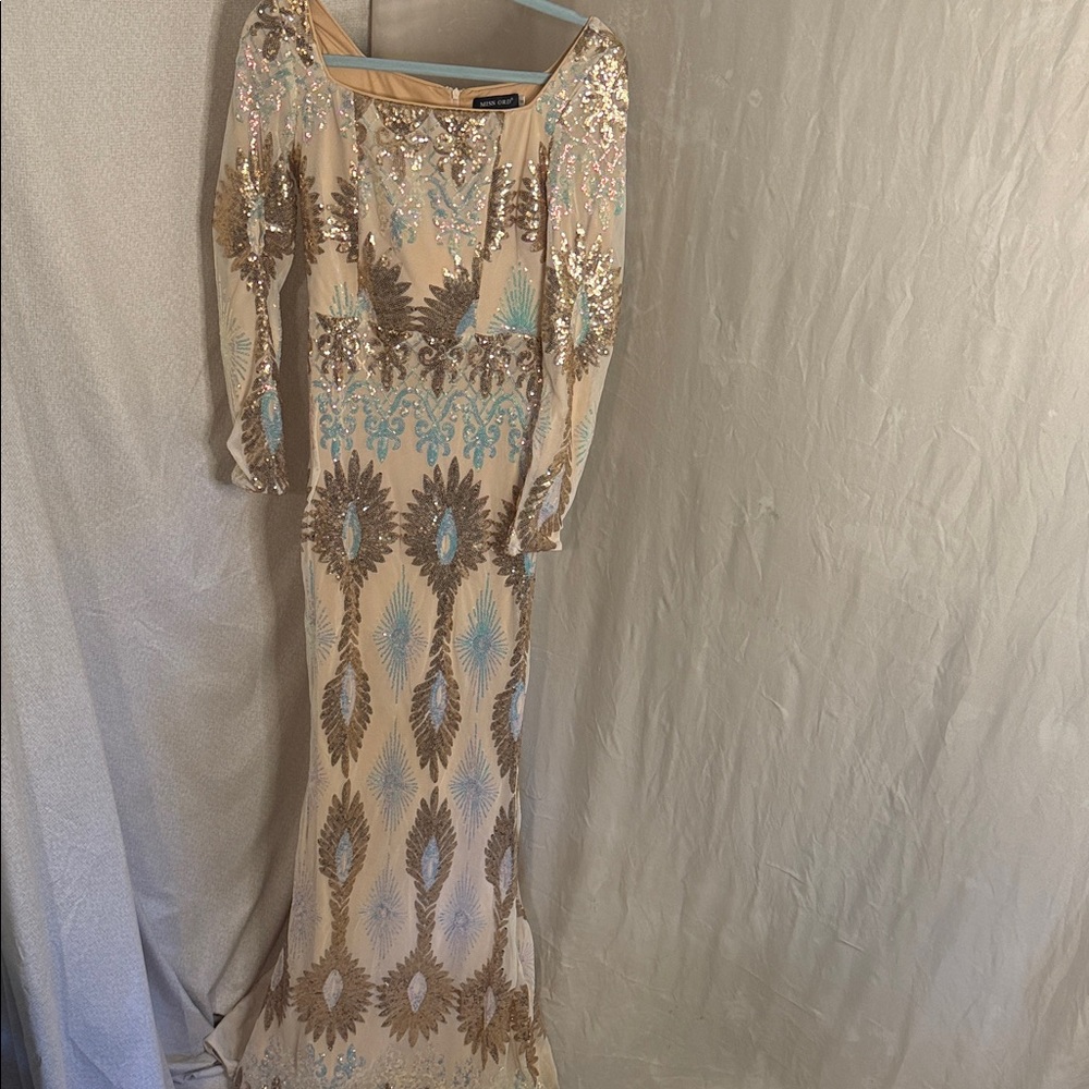 Glamorous Sequin Long Sleeve Dress in Cream and Brown